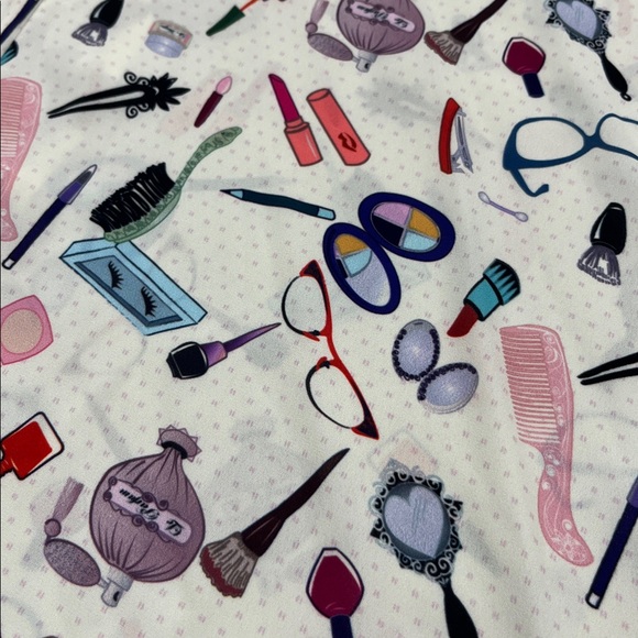 UNIQUE VINTAGE Retro Novelty "Make Up" Print SHT SLV Belted Full Skirt Dress XS - Picture 9 of 16